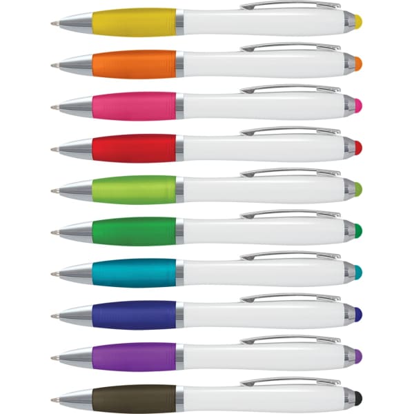 A collection of stylus pens with white barrels, featuring colourful grips in various shades including orange, pink, and green.