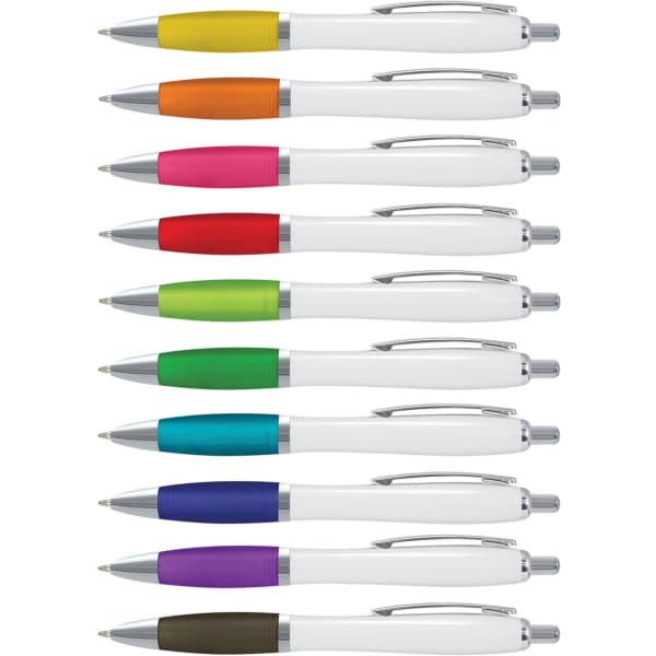 A collection of plastic pens with white barrels and colourful grips in yellow, orange, pink, green, blue, and purple.