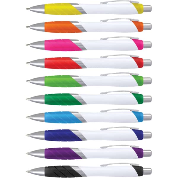 A collection of plastic pens with white barrels and various vibrant grip colours, including yellow, orange, pink, and purple.