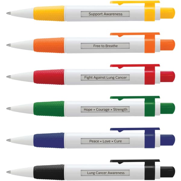 A set of six plastic pens in various colours, each with a different message, featuring a logo on the body.