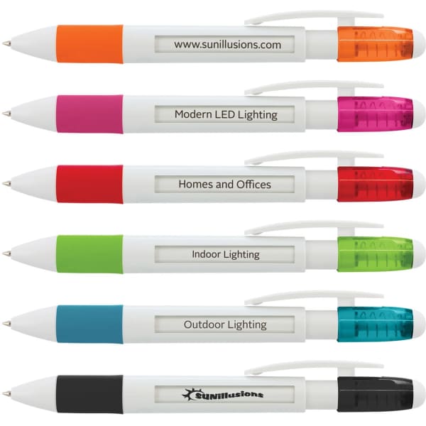 A collection of six plastic pens in various colours, featuring white barrels and a logo on the grip.