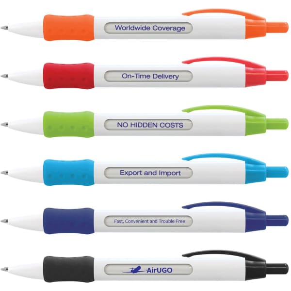 A collection of plastic pens in various colours, featuring soft grips and a logo on each pen.