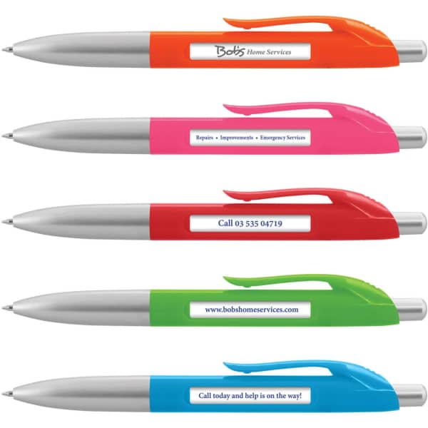 Five plastic pens with silver barrels and colourful grips: orange, pink, green, and blue. Each has a logo.