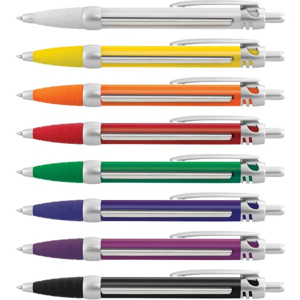 A set of eight plastic pens in yellow, orange, red, green, purple, and black, each with a silver barrel and grip.