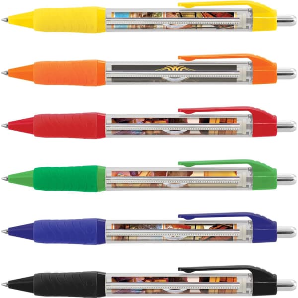 A collection of six plastic pens in yellow, orange, red, green, blue, and black, each featuring a logo.