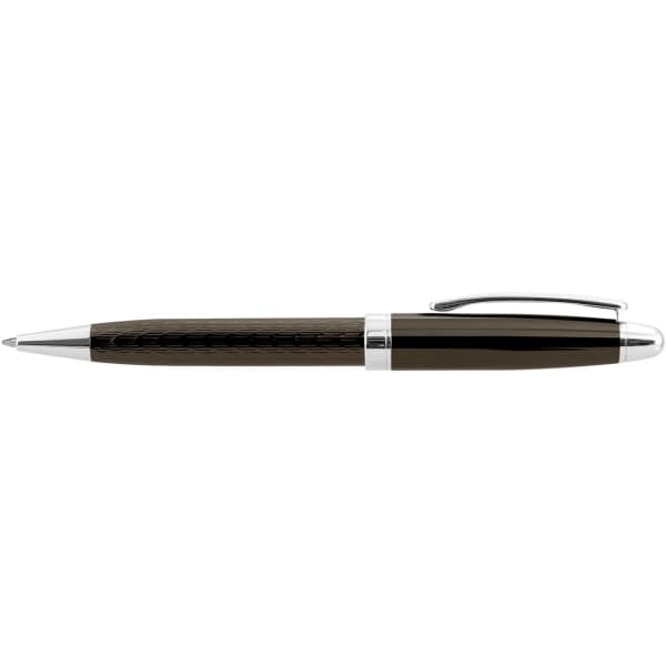 A metal pen in black and chrome, featuring a textured grip and a clip, with a branding logo.
