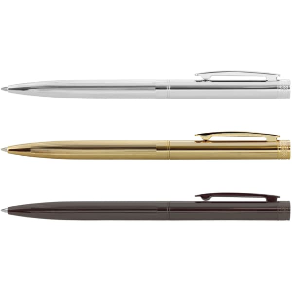 Three metal pens in silver, gold, and black with a sleek design and a branding logo on the body.
