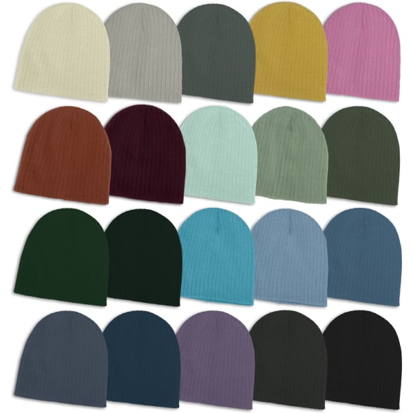 A collection of cable knit beanies in various colours, including cream, grey, green, pink, and purple. Each has a branding logo.