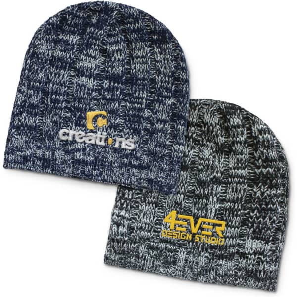 Two knitted beanies in dark blue and grey, each featuring a logo or branding on the front.
