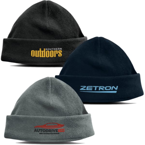 Three polar fleece beanies in grey, navy, and black, each featuring a different logo or branding.