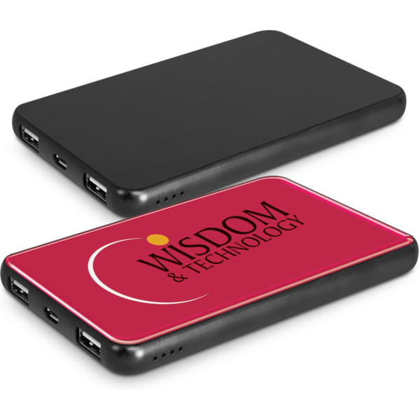 A black power bank with a pink design featuring a logo and multiple USB ports.