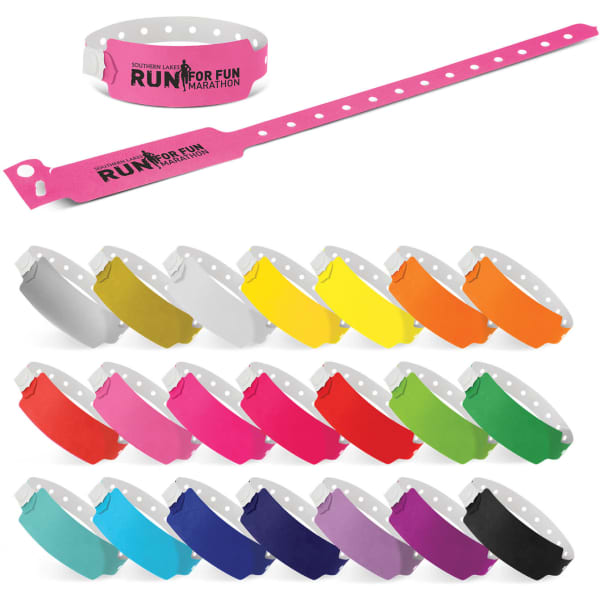 A selection of plastic event wristbands in various colours, featuring a logo on some, with adjustable notches for fitting.