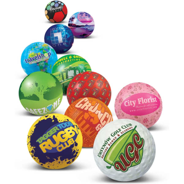A collection of full-colour stress balls in various designs, featuring vibrant colours and logos.