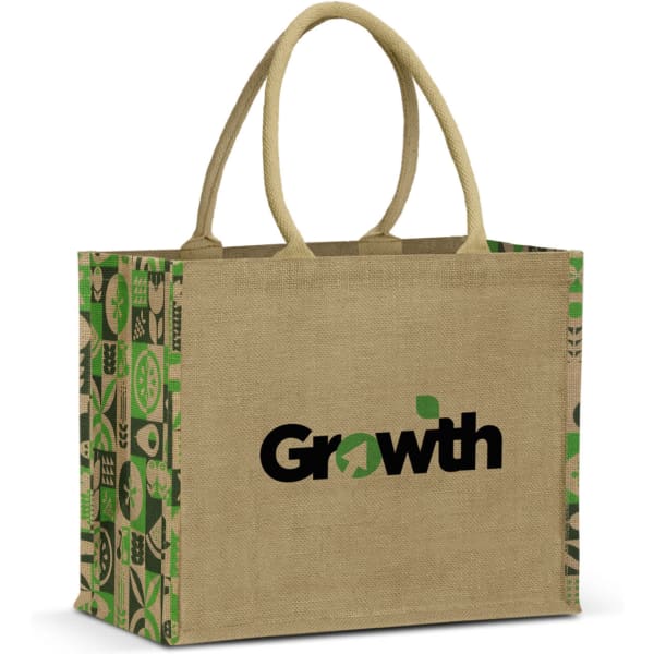 A jute tote bag featuring a natural burlap body with green patterned sides and a logo on the front.