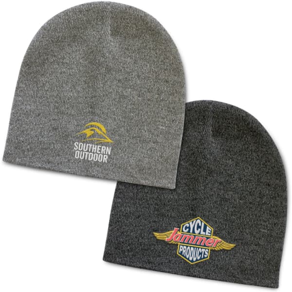 A grey and dark grey knit beanie with logos on the front. Both are simple and stylish headwear options.