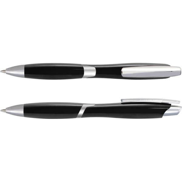 A pair of plastic pens in black with silver accents, featuring a sleek design and a logo.