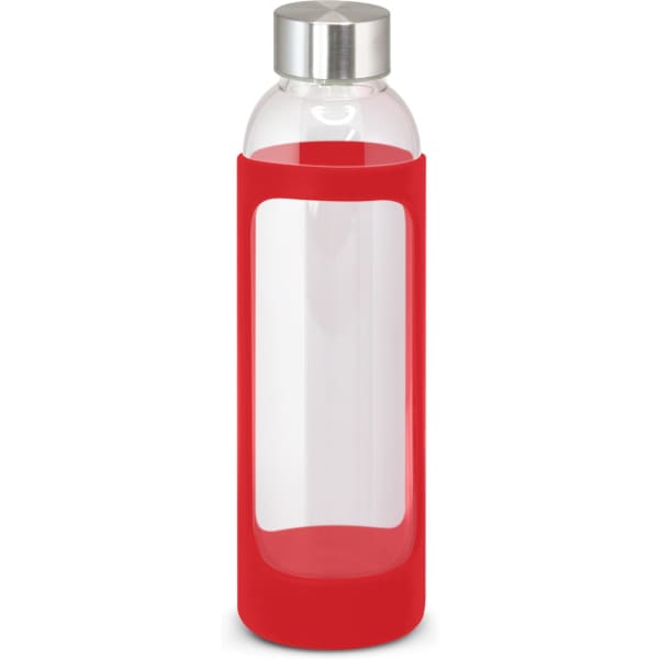 A drink bottle with a clear glass body and a bright red silicone sleeve, featuring a stainless steel cap.