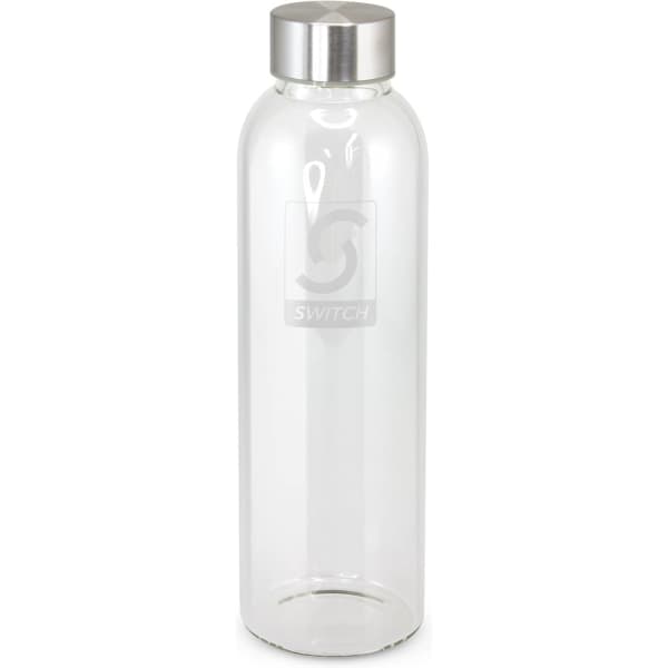 A drink bottle made of clear glass with a silver stainless-steel lid and a logo on the front.