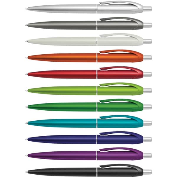 A collection of plastic pens in various colours, including silver, grey, white, orange, green, teal, and purple.