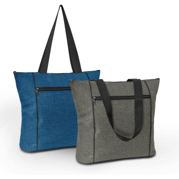 Avenue Elite Tote Bags in blue and green, featuring zippered pockets and black handles. Both have a logo.