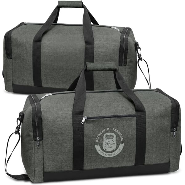 A green Milford duffle bag with black handles and zippers, featuring a logo on the front.