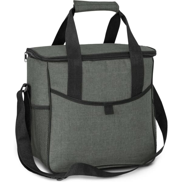 A green cooler bag with a zip closure, carrying handles, and a shoulder strap, featuring a side pocket.