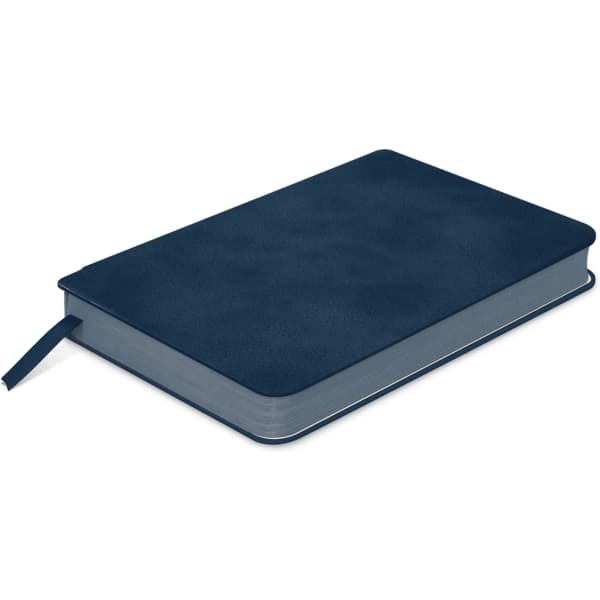 A small navy blue notebook with a textured cover and a ribbon bookmark. It has a logo on the cover.