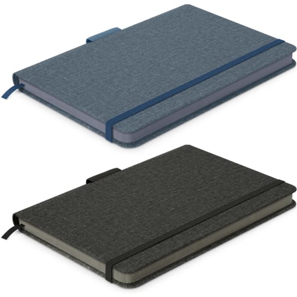 A notebook with a textured blue cover and a black cover, both featuring elastic bands and a small logo.