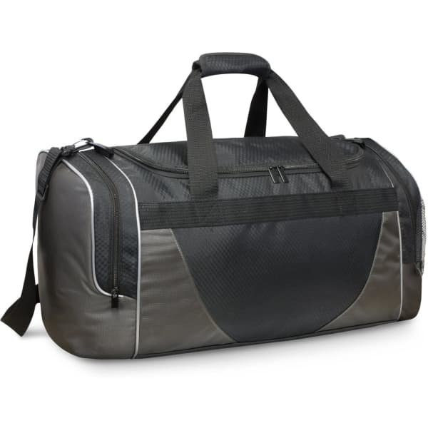 A black and grey duffle bag with multiple compartments and a logo, featuring sturdy handles and a shoulder strap.