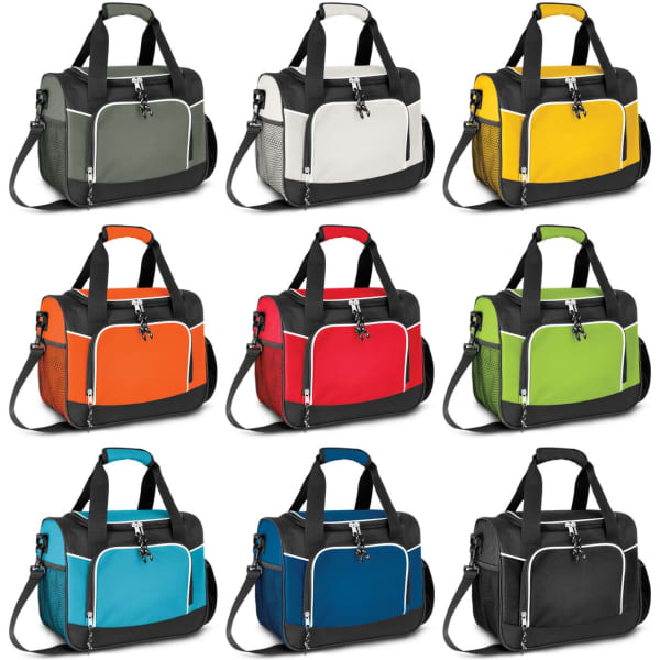 A collection of Antarctica Cooler Bags in various colours including grey, white, yellow, orange, red, green, and blue, each with a logo.