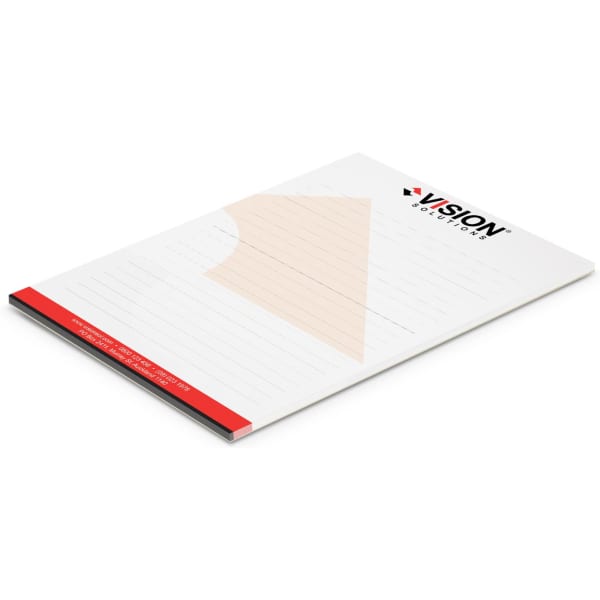 A6 notepad with a white cover and light beige design, featuring lined pages and a logo on the top.