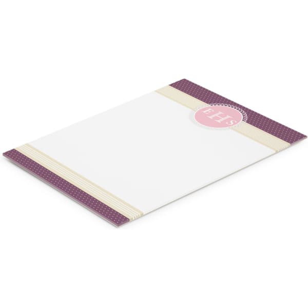 A4 note pad with 25 leaves, featuring a purple and white design with a logo at the top.