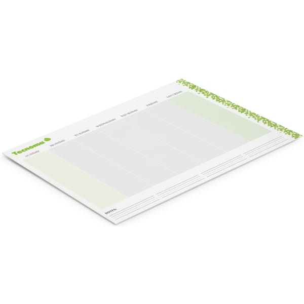 A desk planner with a green and white design, featuring 25 leaves and sections for days of the week.