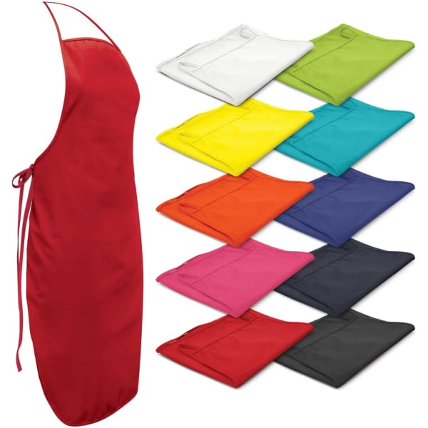 A red bib apron is displayed alongside swatches of various coloured aprons, including white, green, yellow, turquoise, and more.