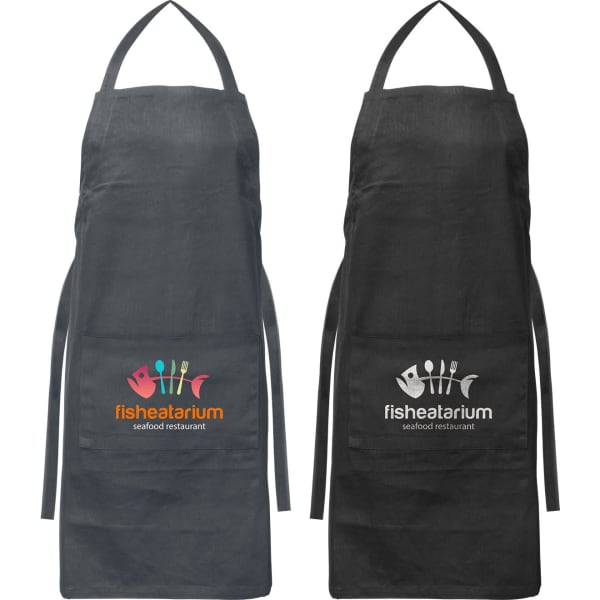 A black and a grey bib apron, both featuring logos, designed for workwear use.