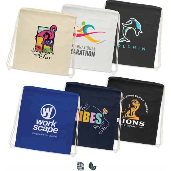 A collection of cotton drawstring backpacks in various colours, featuring multiple logos and designs.