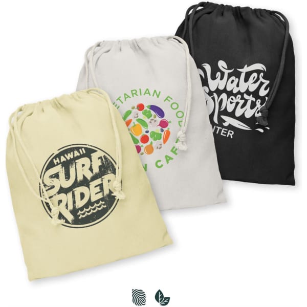 Three medium cotton gift bags in cream, white, and black, featuring various logos and designs.