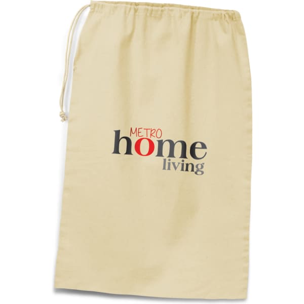 A beige drawstring laundry bag with a logo featuring the words 