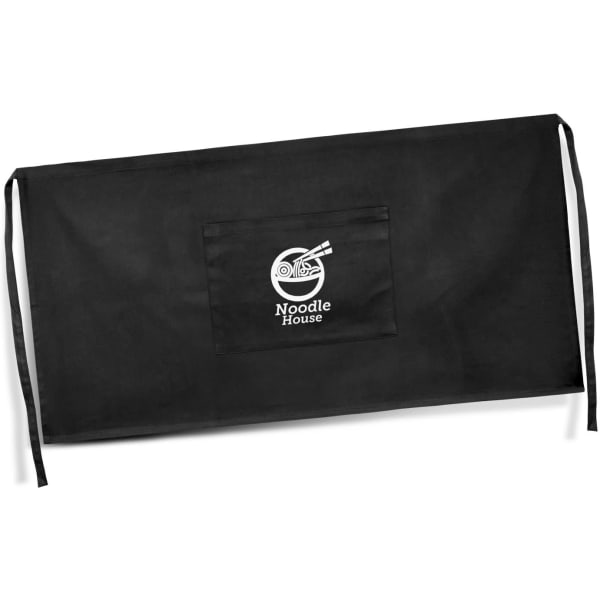 A black waist apron featuring a logo and a front pocket, designed for workwear use.
