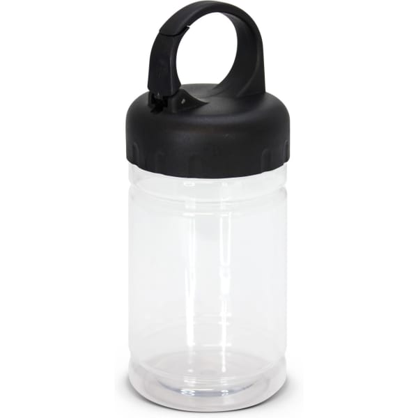 A clear drink bottle with a black lid and handle, featuring a logo on the front.