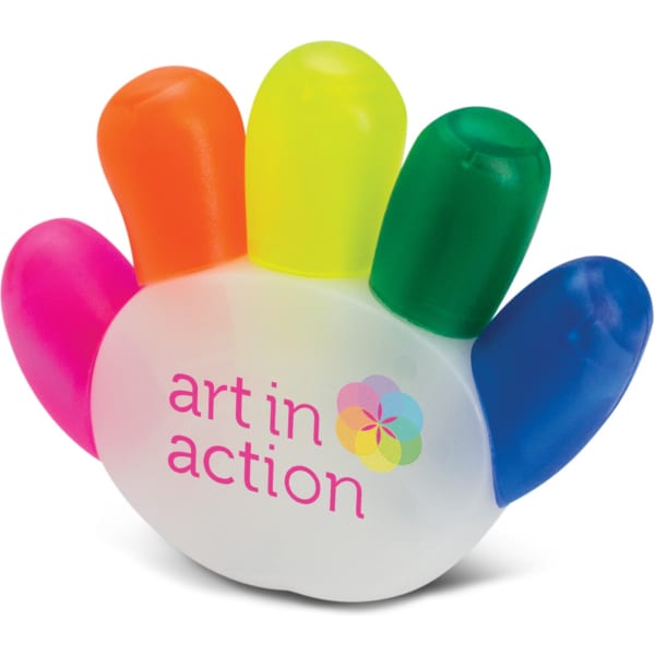 A multi-coloured highlighter shaped like a hand, featuring five vibrant tips in pink, yellow, green, blue, and orange.