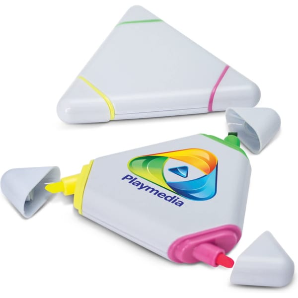 A triangular highlighter set in white, featuring pink, yellow, and green tips, with a logo on one.