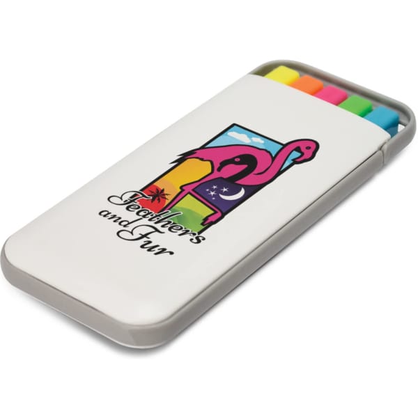 A highlighter set in a grey case with vibrant pink, orange, yellow, and green highlighters inside.