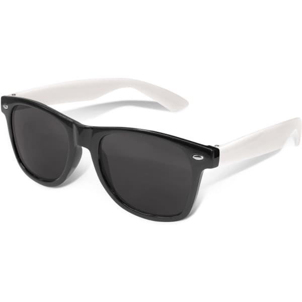 Malibu Premium Sunglasses featuring black lenses and white arms, with a logo on the frame.