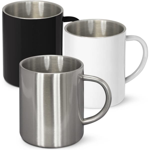 A drinkware set featuring three coffee mugs in black, white, and stainless steel finishes, each with a handle and an inner lining.