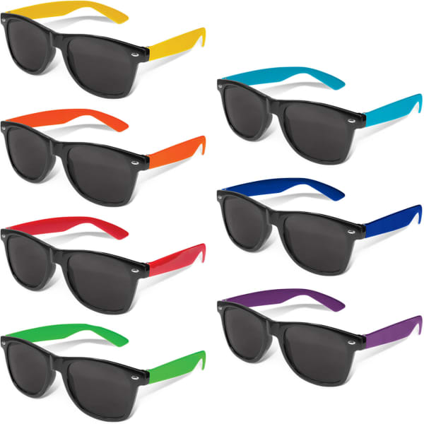 A set of premium black frame sunglasses with various brightly coloured arms: orange, yellow, green, blue, and purple.