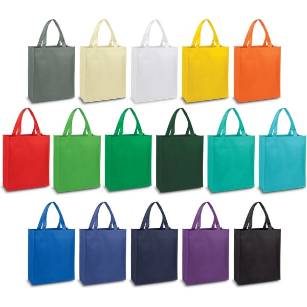 A collection of Kira A4 tote bags in various colours, including grey, white, yellow, green, blue, and black, with handles.