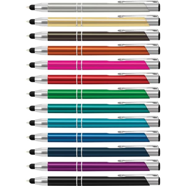 A collection of metal stylus pens in various colours, arranged in a grid pattern, each featuring chrome accents.