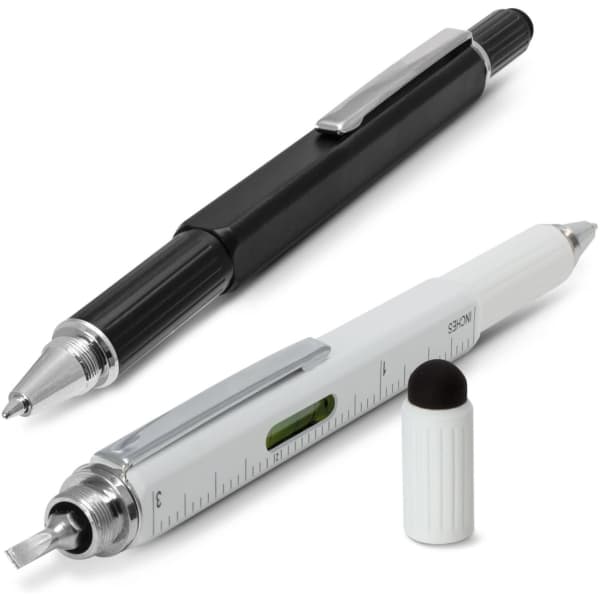 A black and white multi-function pen displaying a ruler and spirit level. It features a clip and has branding.