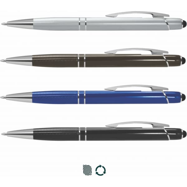 A collection of four stylus pens in silver, brown, blue, and black with silver accents and a logo.